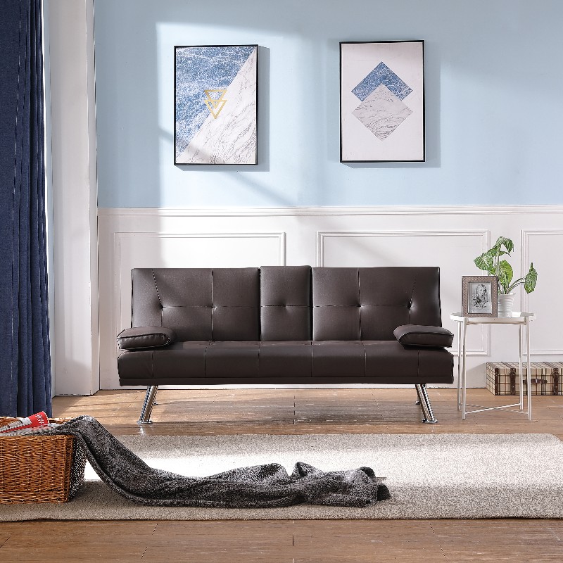 Sofá de cuero falso Cama de sofá plegable con portavasos